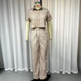thumbnail image 4 of Wefads Two Piece Set Women Summer Casual Solid Lapel Single Breasted Button Short Sleeve Top With Belt Wide Legs Pants Set, 4 of 5