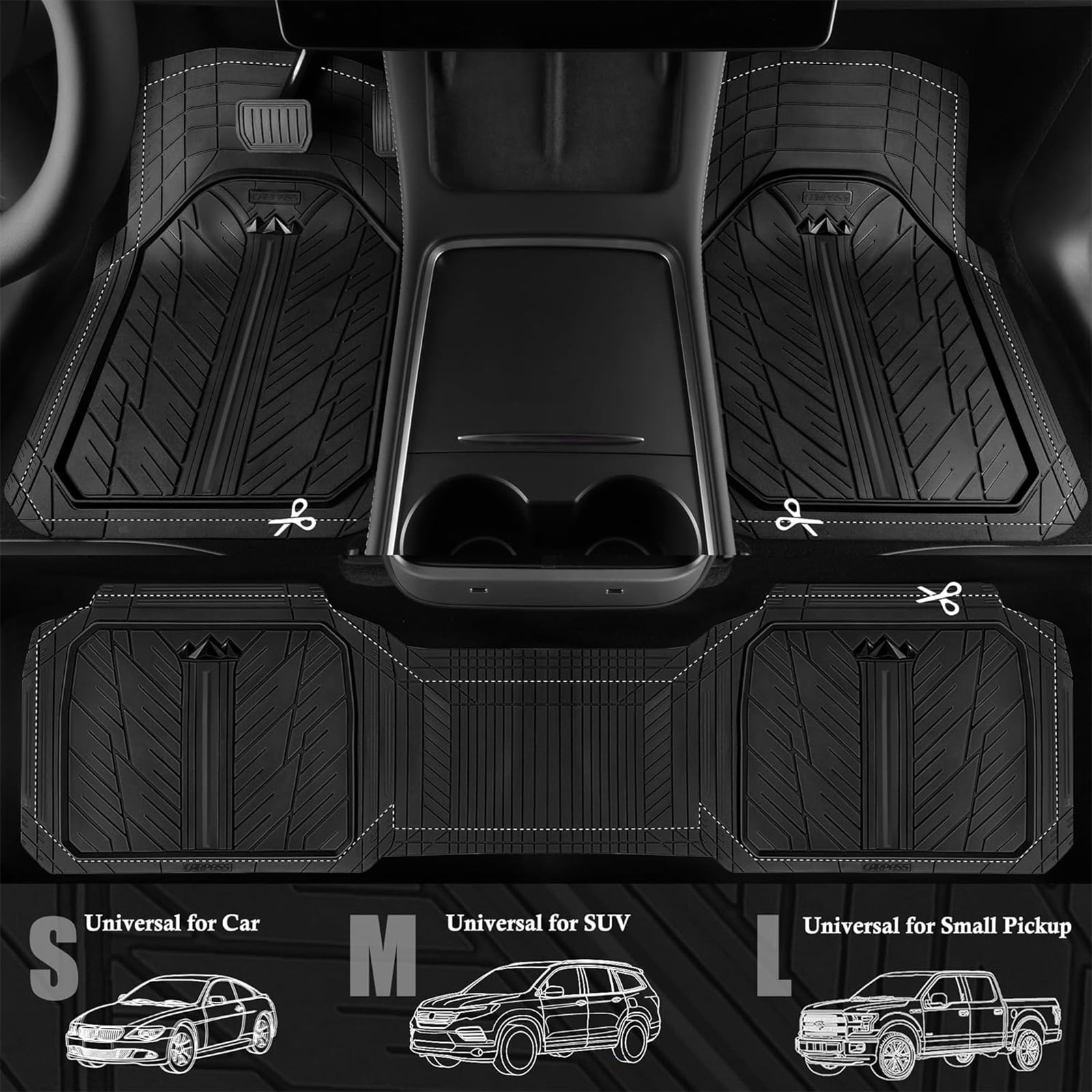 CAR GRAND Heavy Rubber Car Floor Mats, Deep Waterproof Car Mats All Weather, Universal Trim-to Fit Automotive Floor Mats for Car SUV Truck Van, Durable Floor Liners All Black