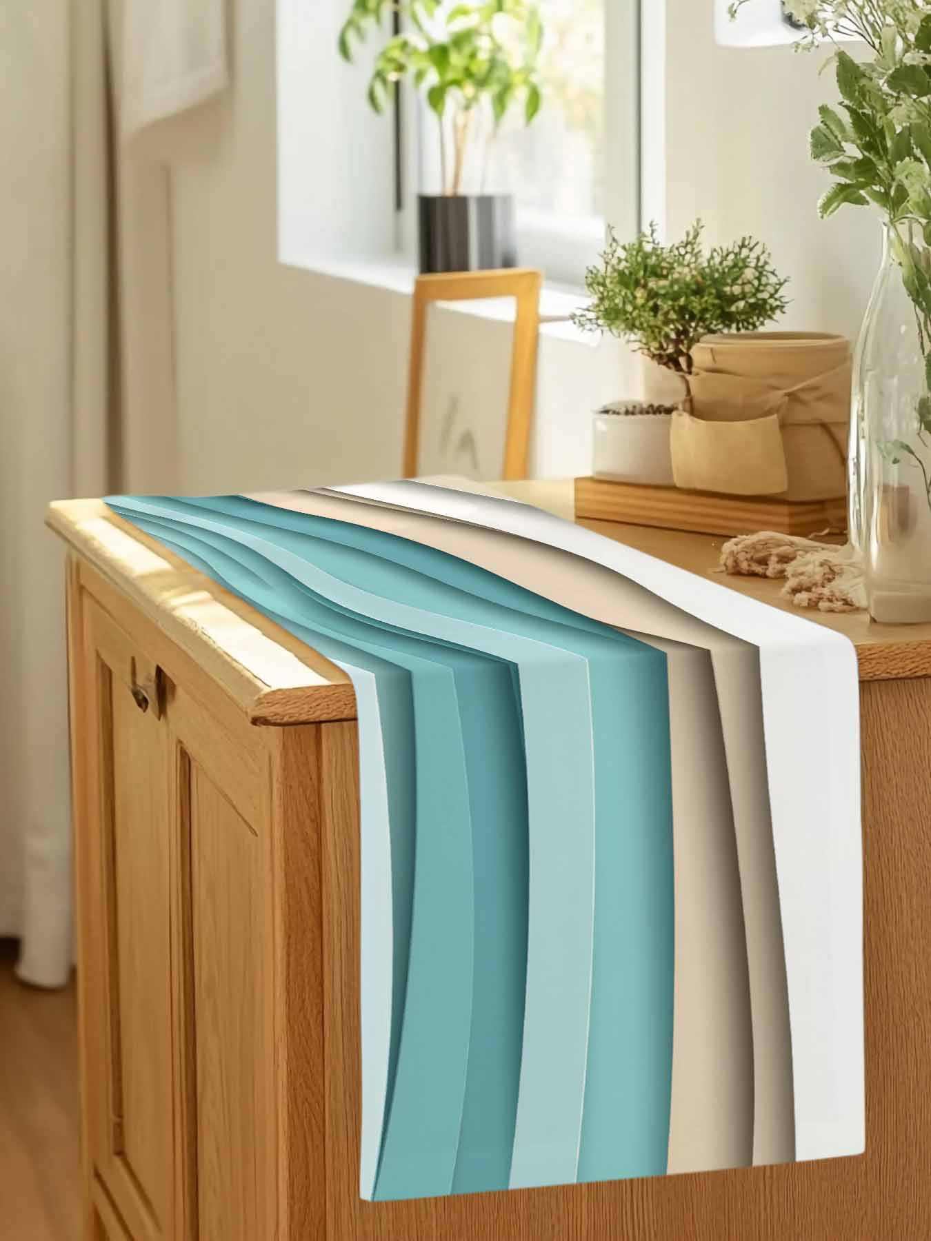 Teal Brown Gradient Water Ripple Table Runner 90 Inches Long, Abstract Geometric Table Runners Tabletop Scarf Kitchen Dining Tables Decoration for Home Party Indoor Outdoor