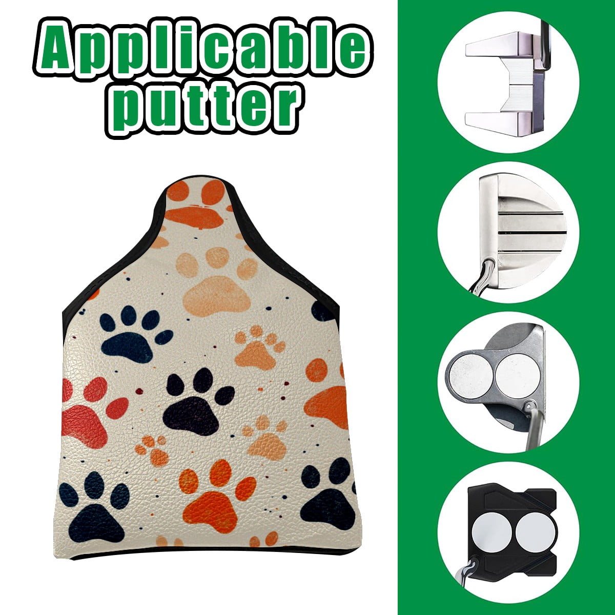 Golf Mallet Putter Cover Premium Leather Waterproof Golf Putter Head Cover with Magnetic Closure Colorful Animal Paw Prints
