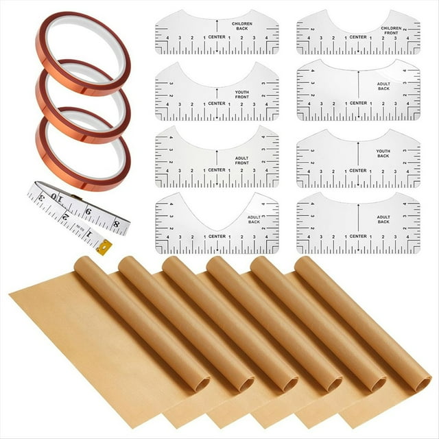 18 Hojas de PTFE para Prensa Térmica de 12 X 16 Pulgadas, Regla de Alineación de Camisetas y Cinta Resistente Al y Juego de Cinta Métrica