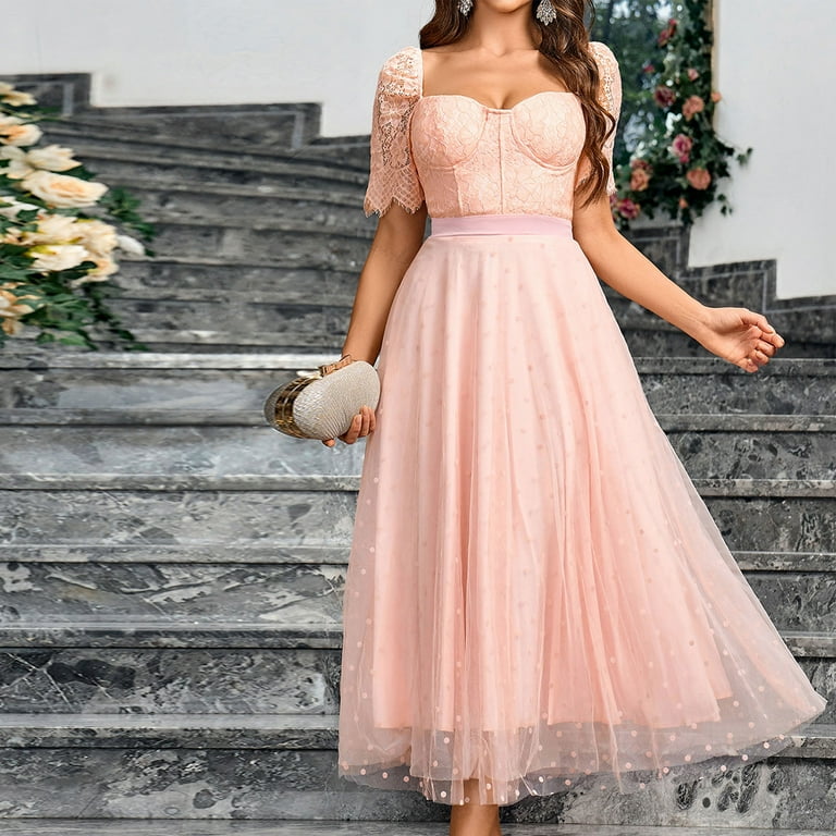 RYDCOT Summer Evening Dresses for Women 2024 Wedding Guest Short Sleeve Square Neck Backless Tulle Dresses Elegant Party Gowns Homecoming Dresses on Clearance Walmart