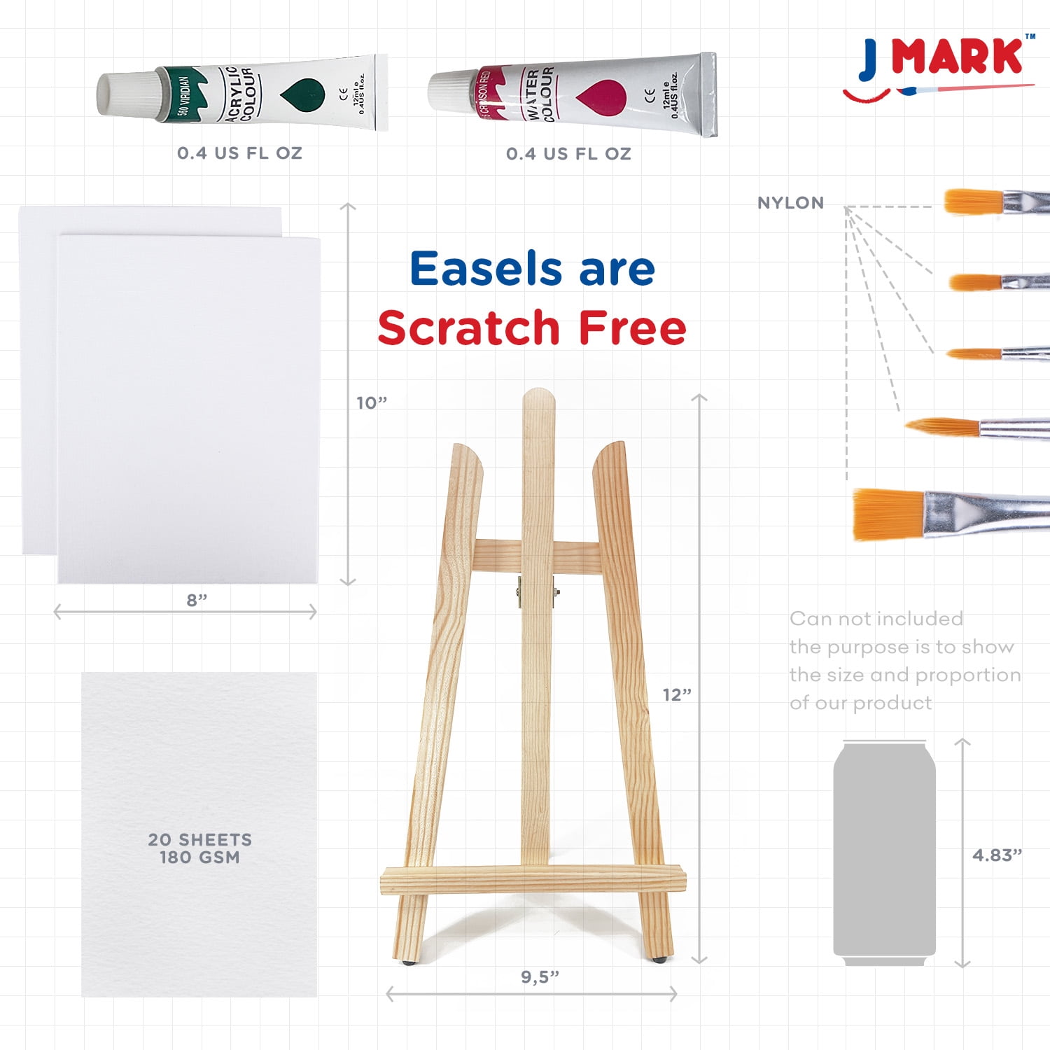 J MARK Acrylic & Watercolor Painting Kit – Complete Painting Set with Watercolor Kit, Acrylic & Watercolor Paint Tubes, Wood Easel, Watercolor Paper, Canvas Painting Kit & More