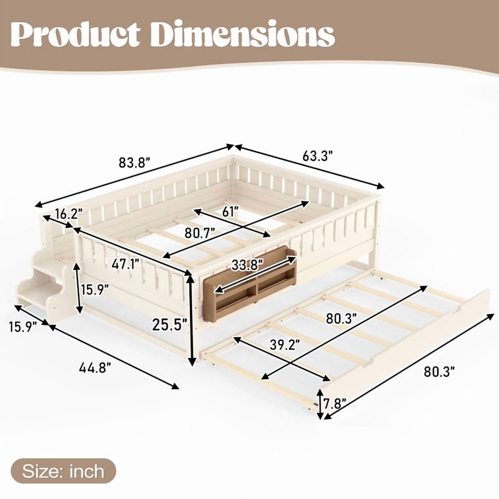 Queen Size Low-Profile Kid's Platform Bed with Built-in Bookshelves & Small Staircase, Wooden Bed Frame with Safety Rails & Trundle