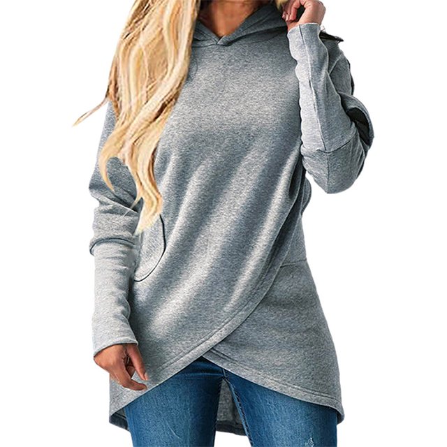 MAWCLOS Women Loose Fit High Low Pullover Fall With Pockets Hoodies Grey L