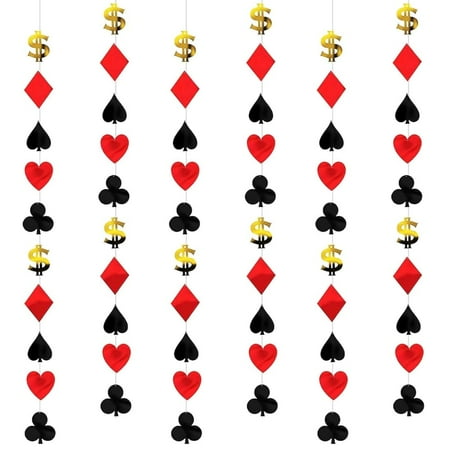 Casino Foil String PriNst Decorations - 7' (Pack of 6) - Red, Black, & Gold Casino Party Icons - Perfect for Game Night, Vegas-Themed Events, and More