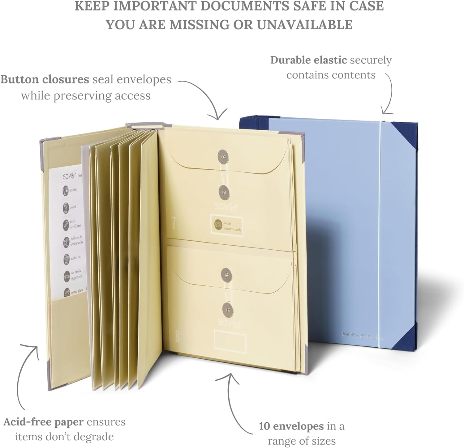 Acid-Free Document Organizer Binder with Guided Labels and 10 Pocket Folders for Home Records, Legal & Medical Papers
