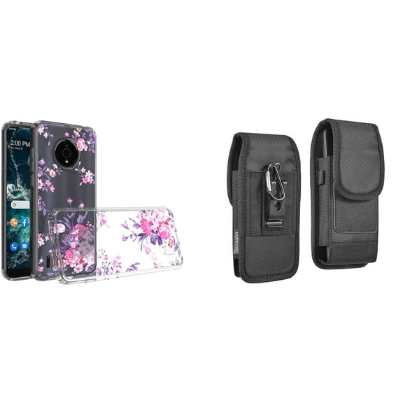 Case and Pouch Bundle for Nokia C200: Slim Series TPU Protector Case (Pink Flowers) and Vertical Rugged Nylon Belt Holster
