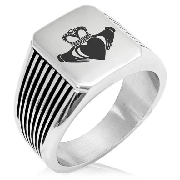 Tioneer Stainless Steel Celtic Claddagh Unity Needle Stripe Pattern Biker Style Polished Ring