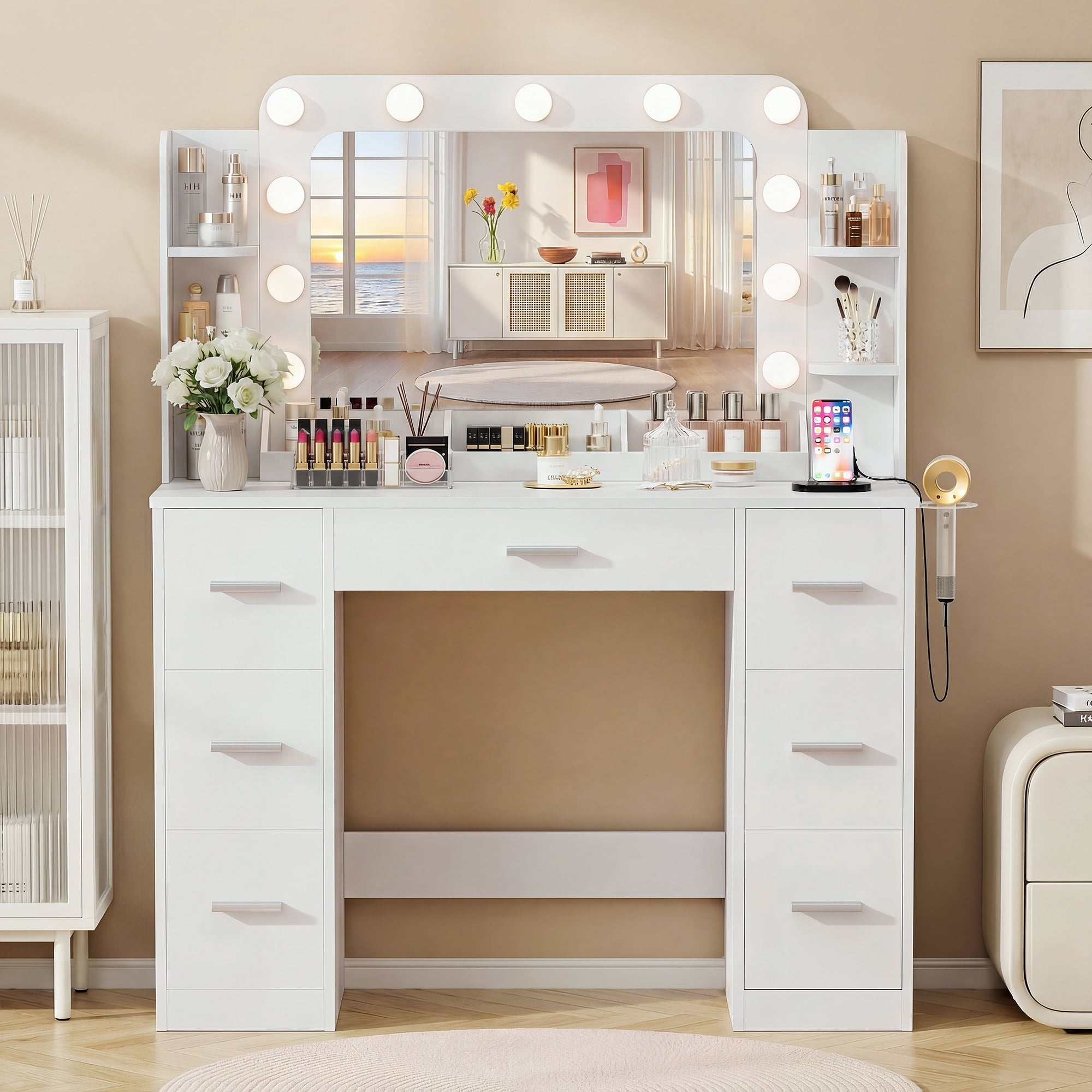 Homall Vanity Desk with Lights & Mirror, Makeup Vanity Set with Power Outlet & Storage Drawers Shelves for Bedroom, White