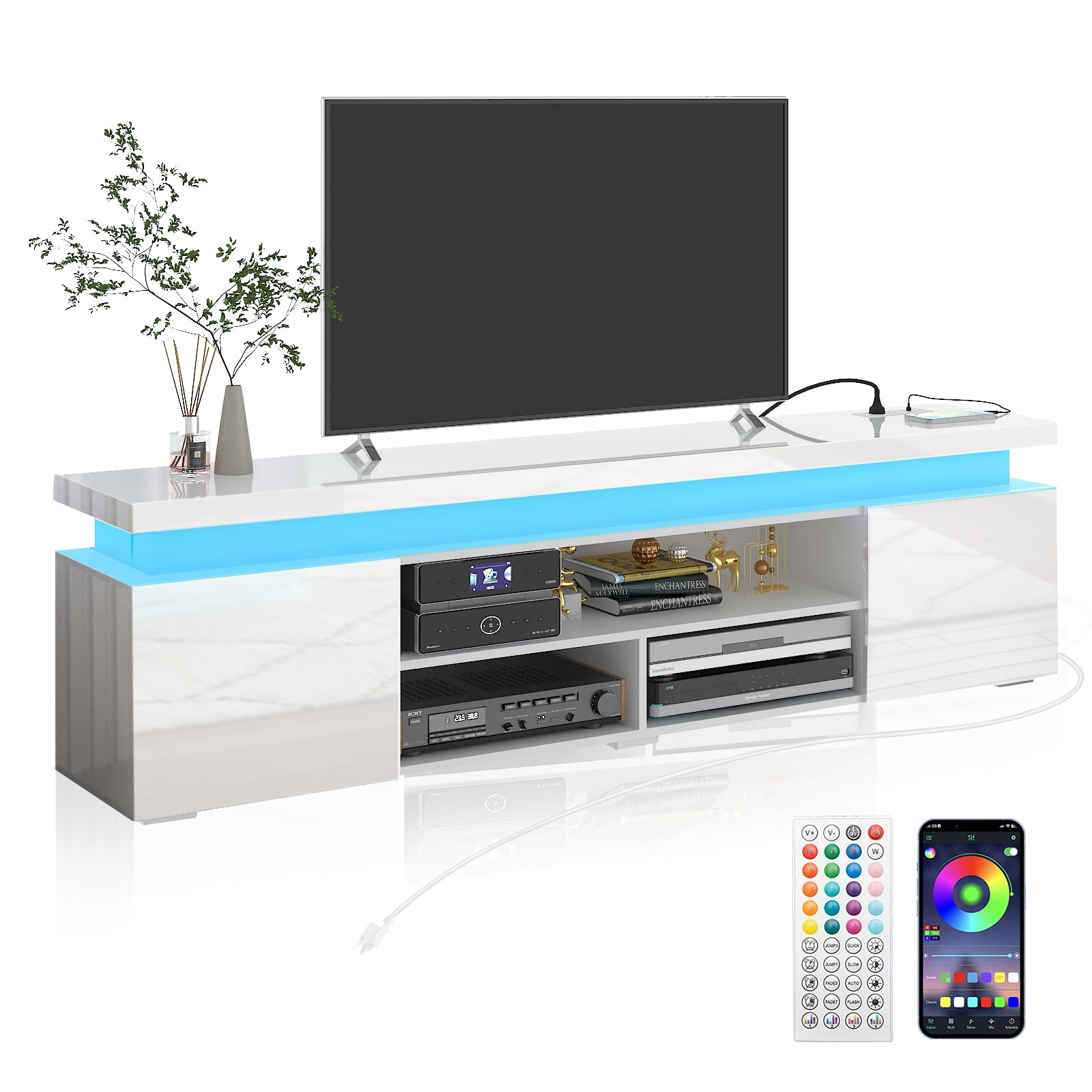 LED TV Stand for TVs up to 75" with Power Outlets, High Gloss Gaming Entertainment Center Media Console with Sound Bar Shelf