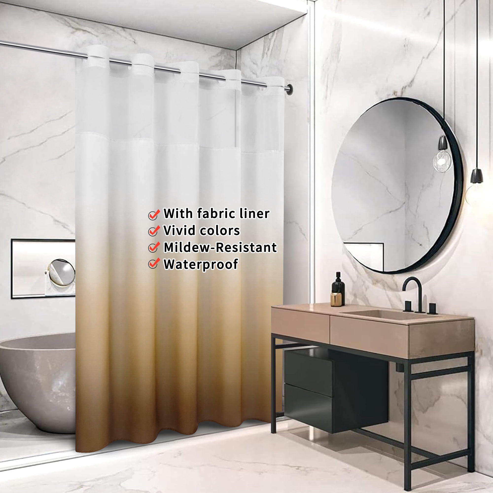 Ikfashoni Ombre Hookless Shower Curtain with Snap in Liner, Brown No Hook Waterproof Fabric Bath Curtain, 71"X74"