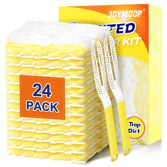 JOYMOOP Disposable Electrostatic Duster for Cleaning, with 2 Handles & 24 Ct Yellow Heavy Duty Refills for Swiffer Feather Duster, Household Cleaning Tool for Electronics, Dusting Furniture, Blinds