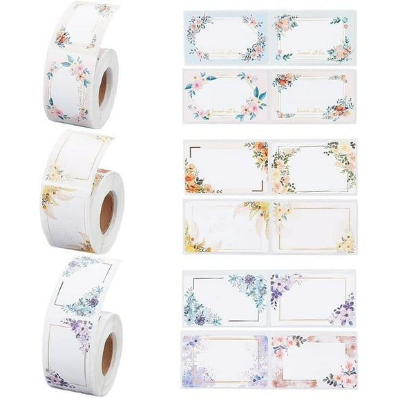 3 Rolls 3 Styles Flower Name Tag Blank Sticker Tapes Floral Rectangle Writable Name Decals Name Address Waterproof Label Stickers