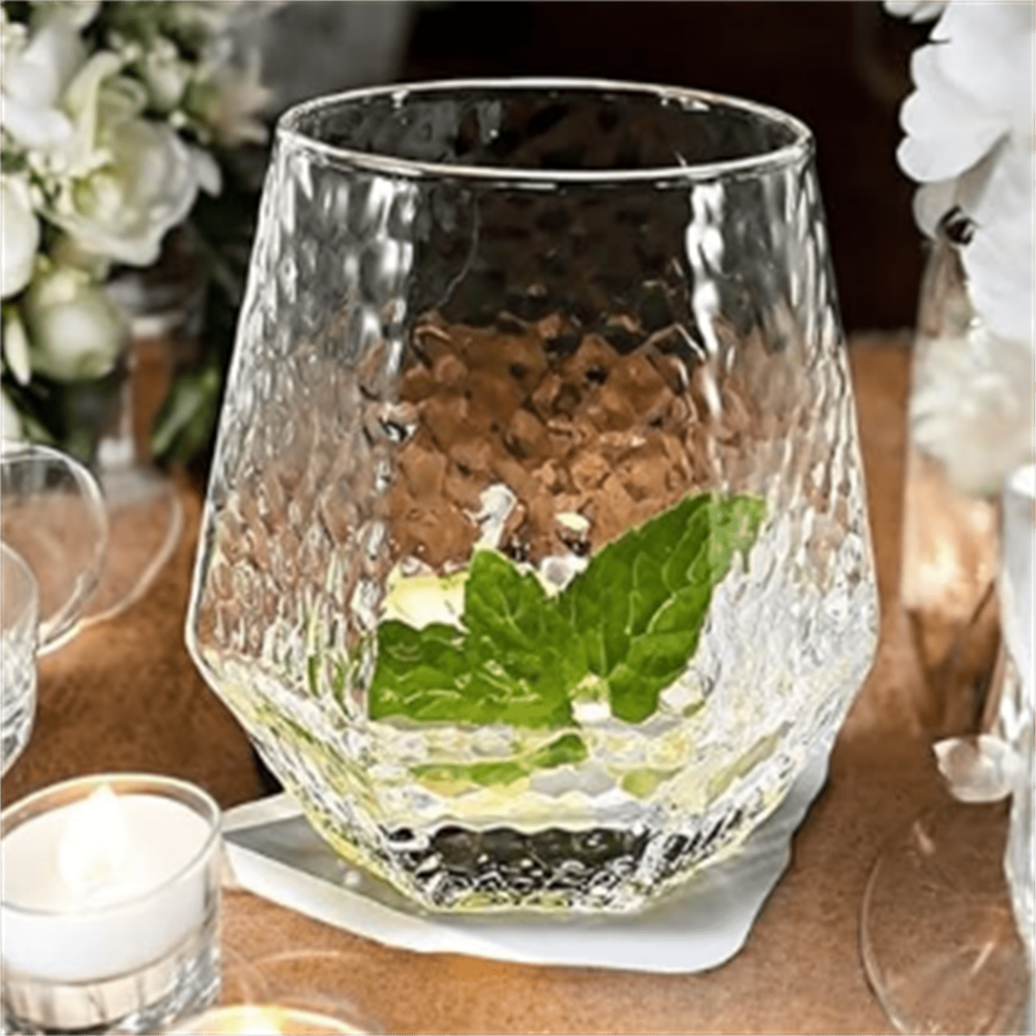 40 count Diamond Unbreakable Stemless Plastic Wine Champagne Whiskey Glasses Elegant Durable Disposable Indoor Outdoor Ideal for Home, Office, Bars, Wedding, 12 Ounce Cups (Hammered Clear)
