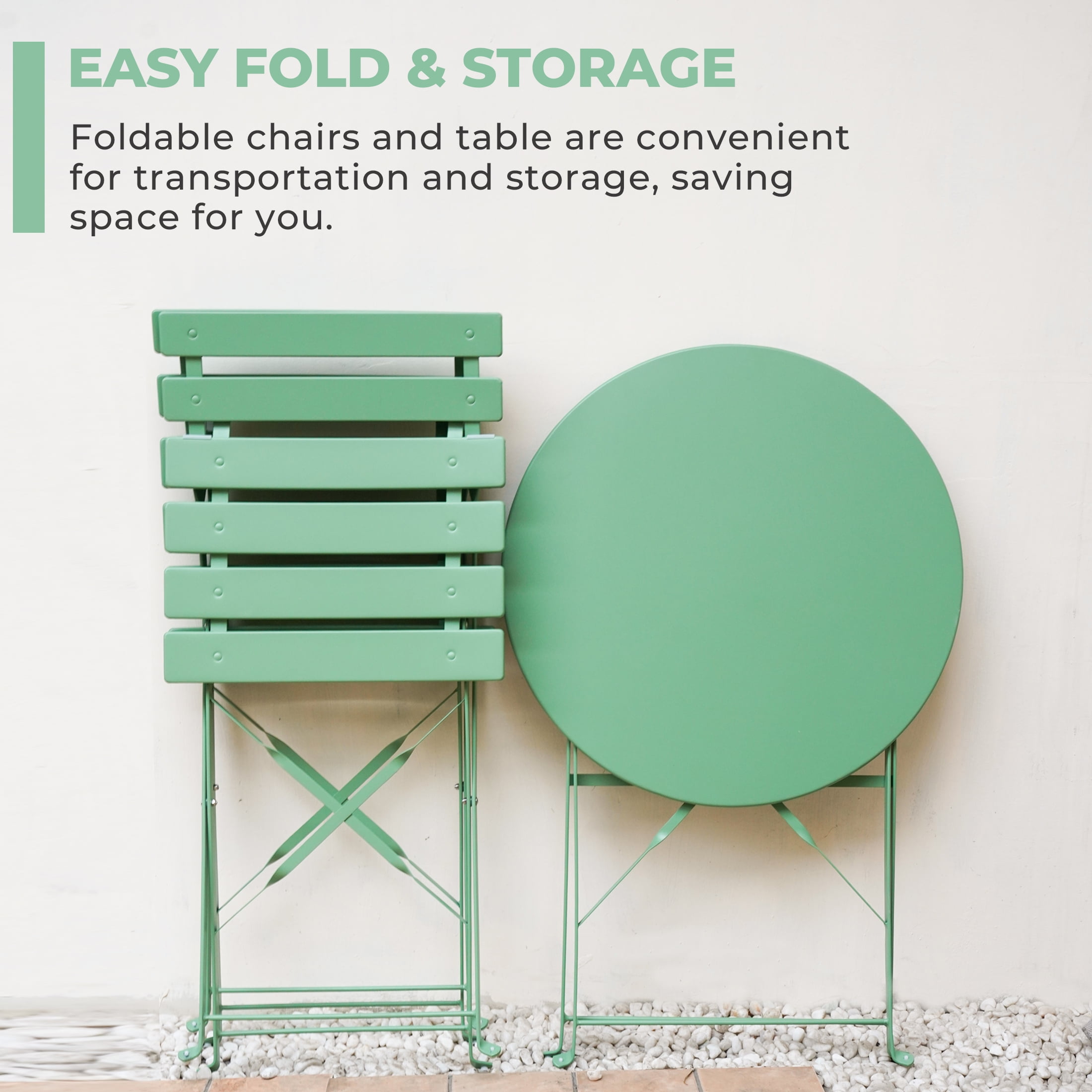 Grand Patio 3-Piece Metal Outdoor Folding Bistro Set, Garden-Pea Green, Bistro Table and Chairs