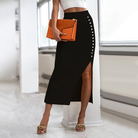 QENGING Summer Skirts for Women Flare Casual Mid Calf High Waist Button Slit Buttocks Skirt Deals
