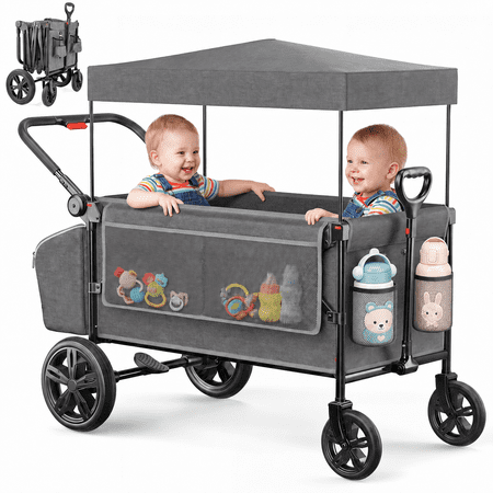 SACVON All-Terrain Stroller Wagon for Toddlers with Canopy, Parent Organizer, Adjustable Handlebar, 2 Cup Holders