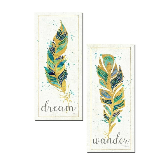 Gorgeous Watercolor Style Teal and Gold 'Dream' and 'Wander' Feather Panel Set by Pela; Two 8x18in Poster Prints