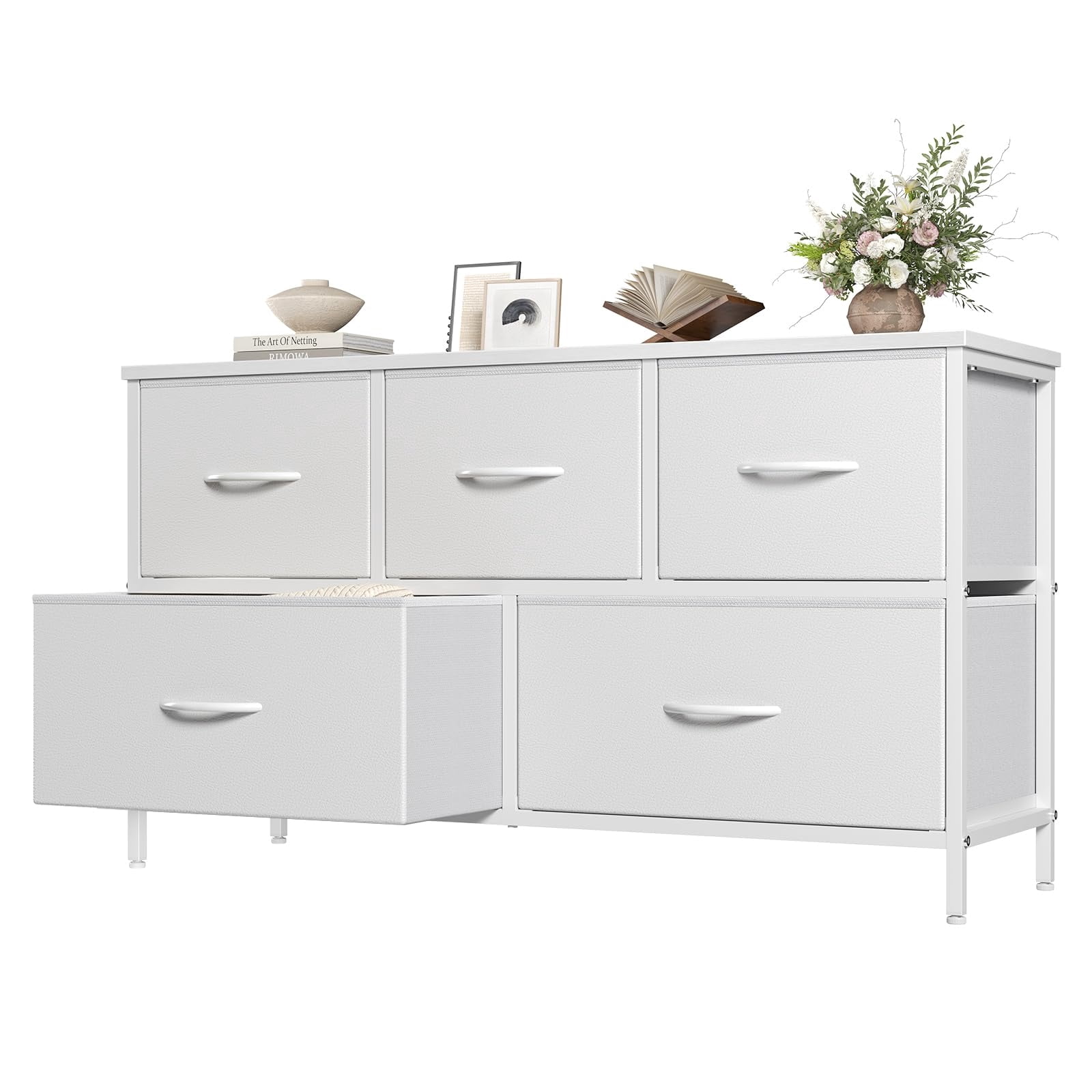 Telyra 5-Drawer Fabric Dresser TV Stand Organizer with Wood Top and Metal Frame, White
