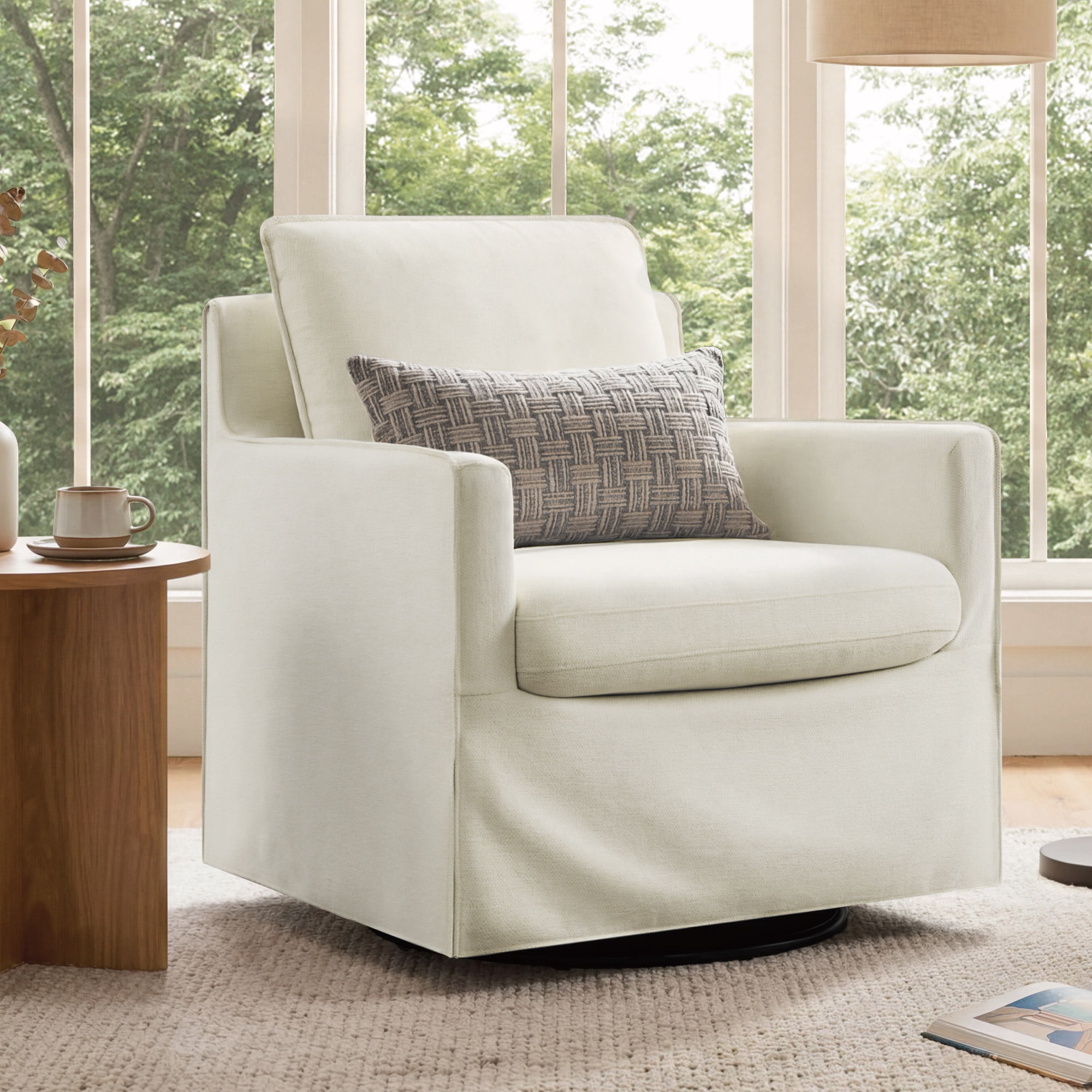Spruce & Spring Upholstered Swivel Glider Accent Chair for Living Room, Nursery and Bedroom, Reversible Cushions, Track Arms, Modern Lounge Chair, Cream