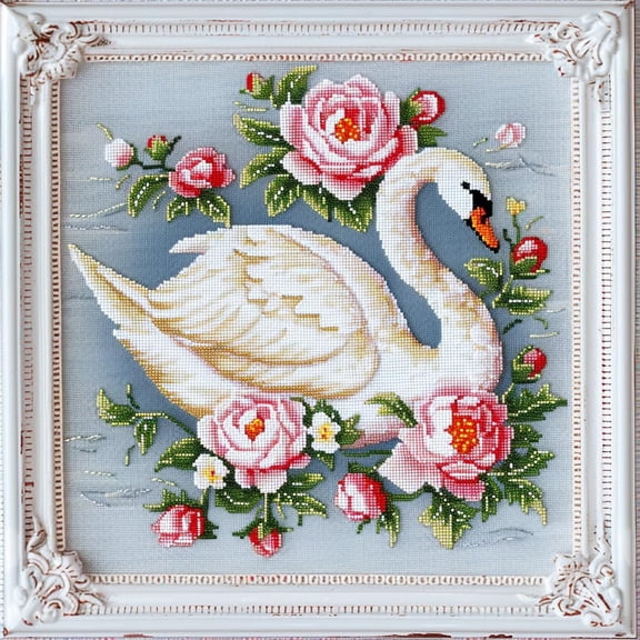 White Swan with Peonies DIY 11CT Stamped Cross Stitch Kits for Beginners Easy Needlepoint Embroidery Counted Cross Stitch Art Craft for Wall Decoration 14x14inch(1)