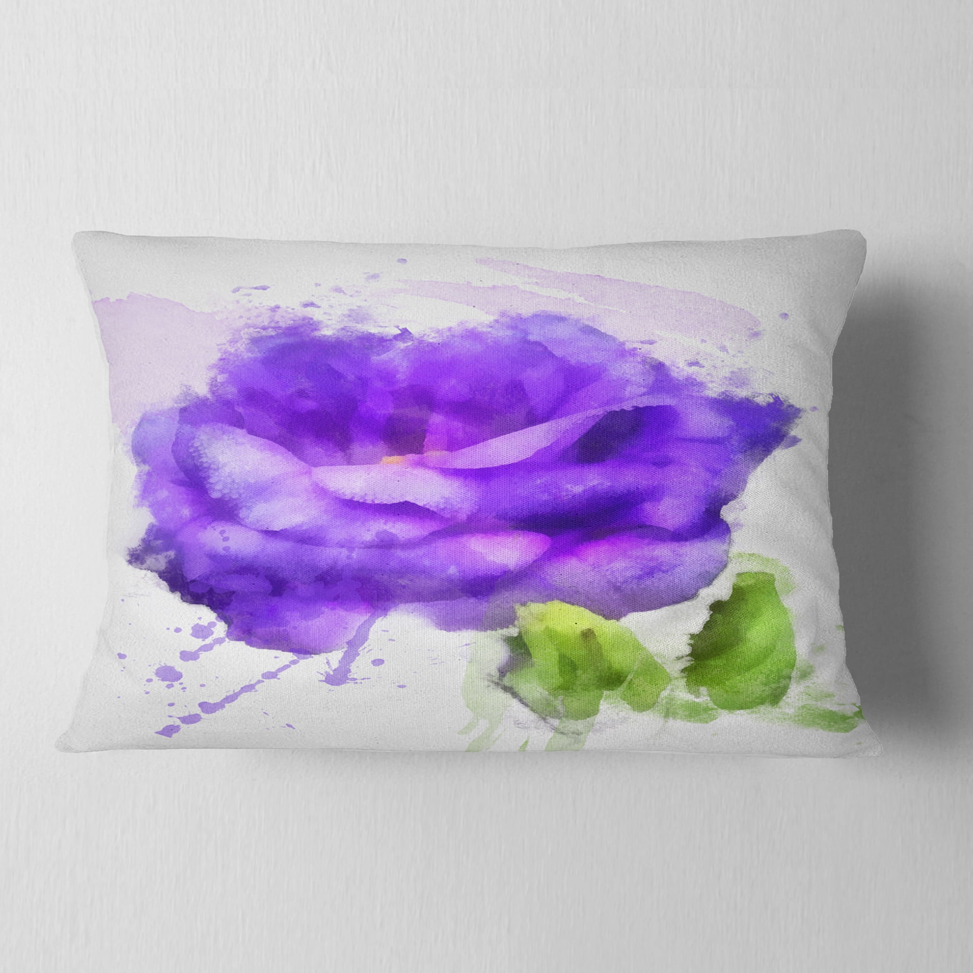 Designart Blue Rose Flower with Paint Splashes - Floral Throw Pillow - 12x20
