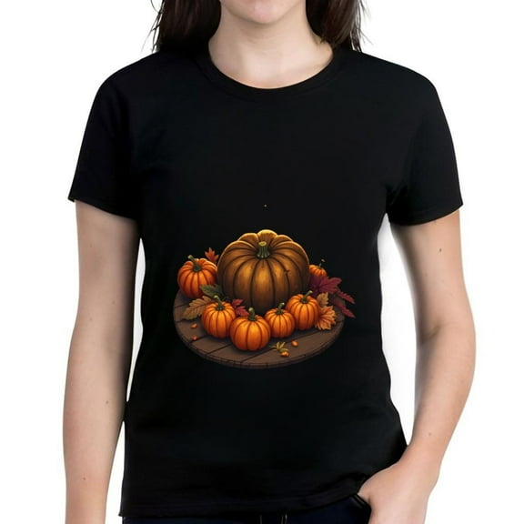 Women's Cotton Short Sleeve T-Shirt with Autumn Pumpkin and Pattern - Perfect for Fall Harvest Season