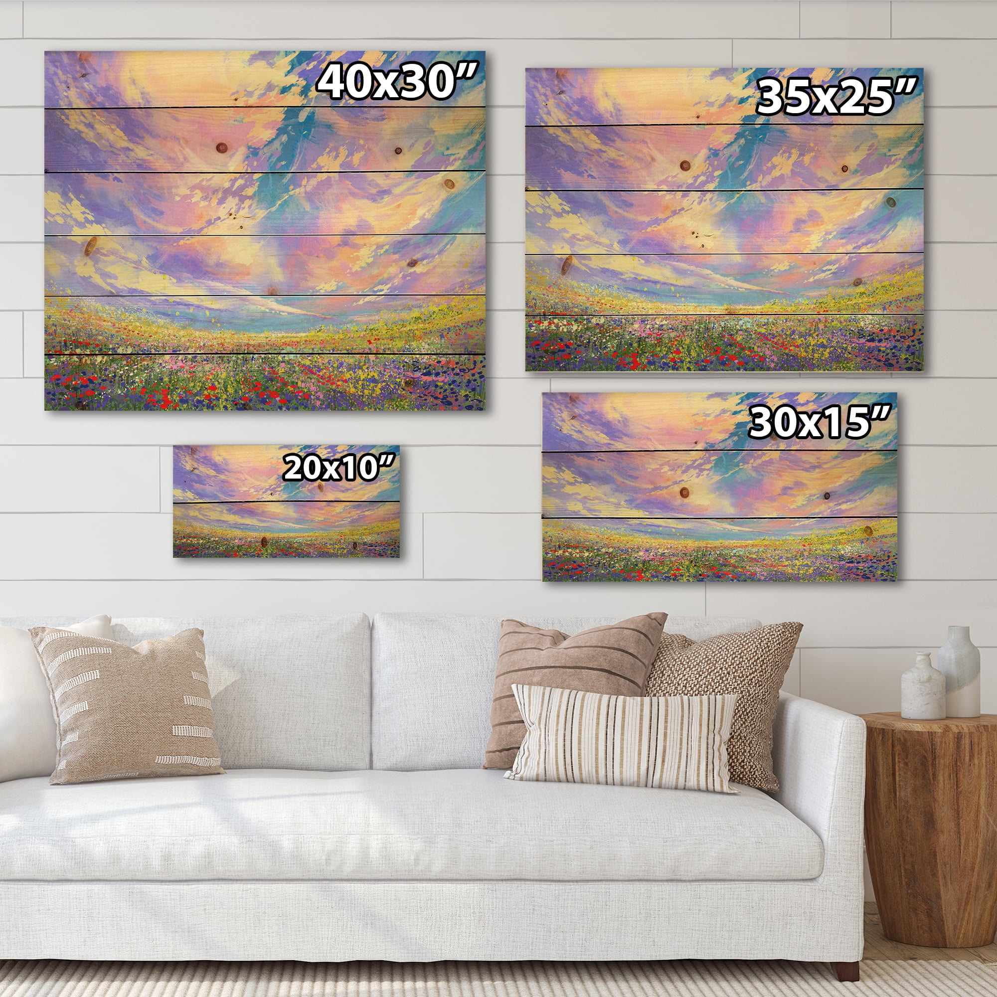 Designart 'Gorgeous Clouds Over Colorful Flowers In Field' Traditional Print on Natural Pine Wood