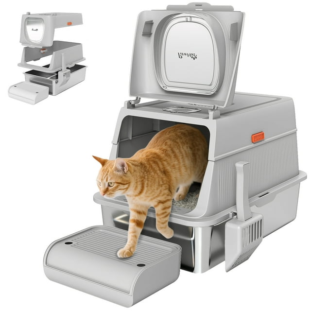 PawHut XL Stainless Steel Litter Box with Lid, Cat Litter Box w/ Flip Cover