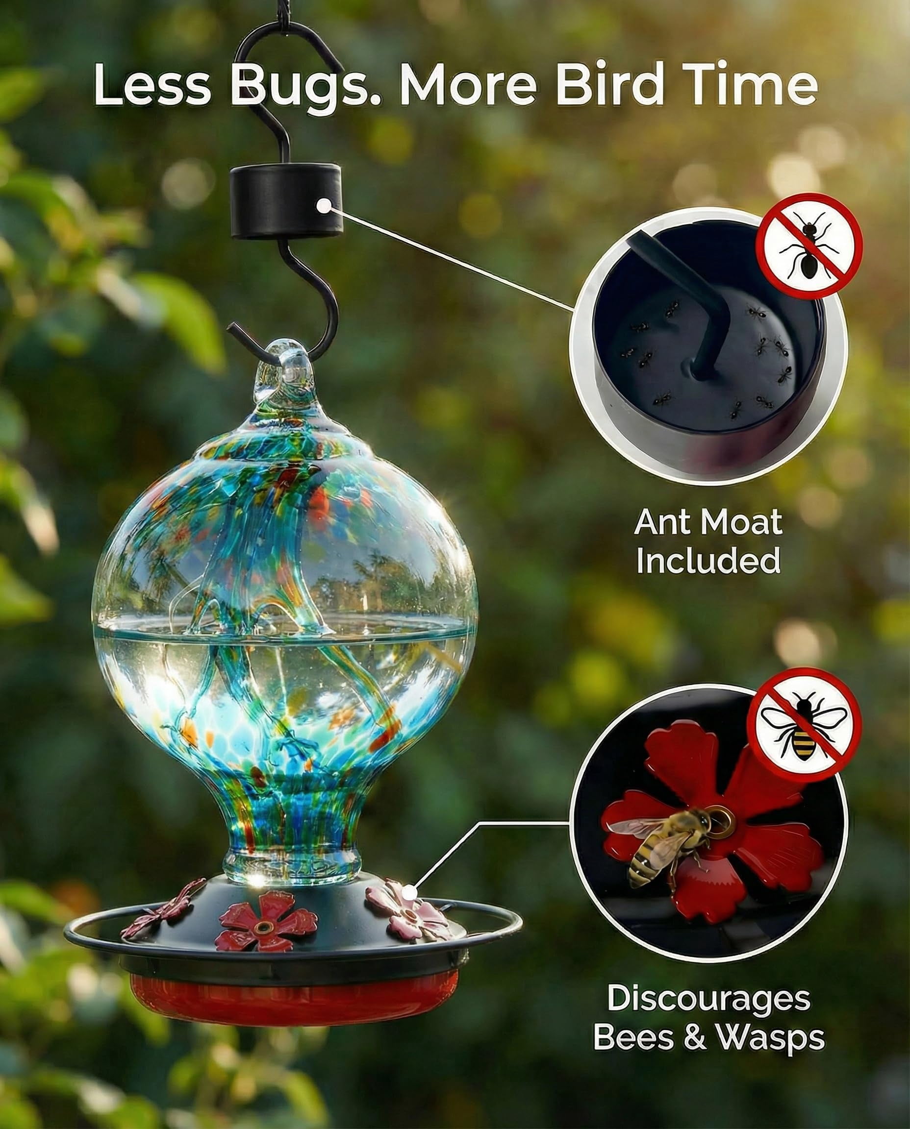 Rainforest Blue Hand Blown Glass Hummingbird Feeder, 34 Oz Outdoor Hanging