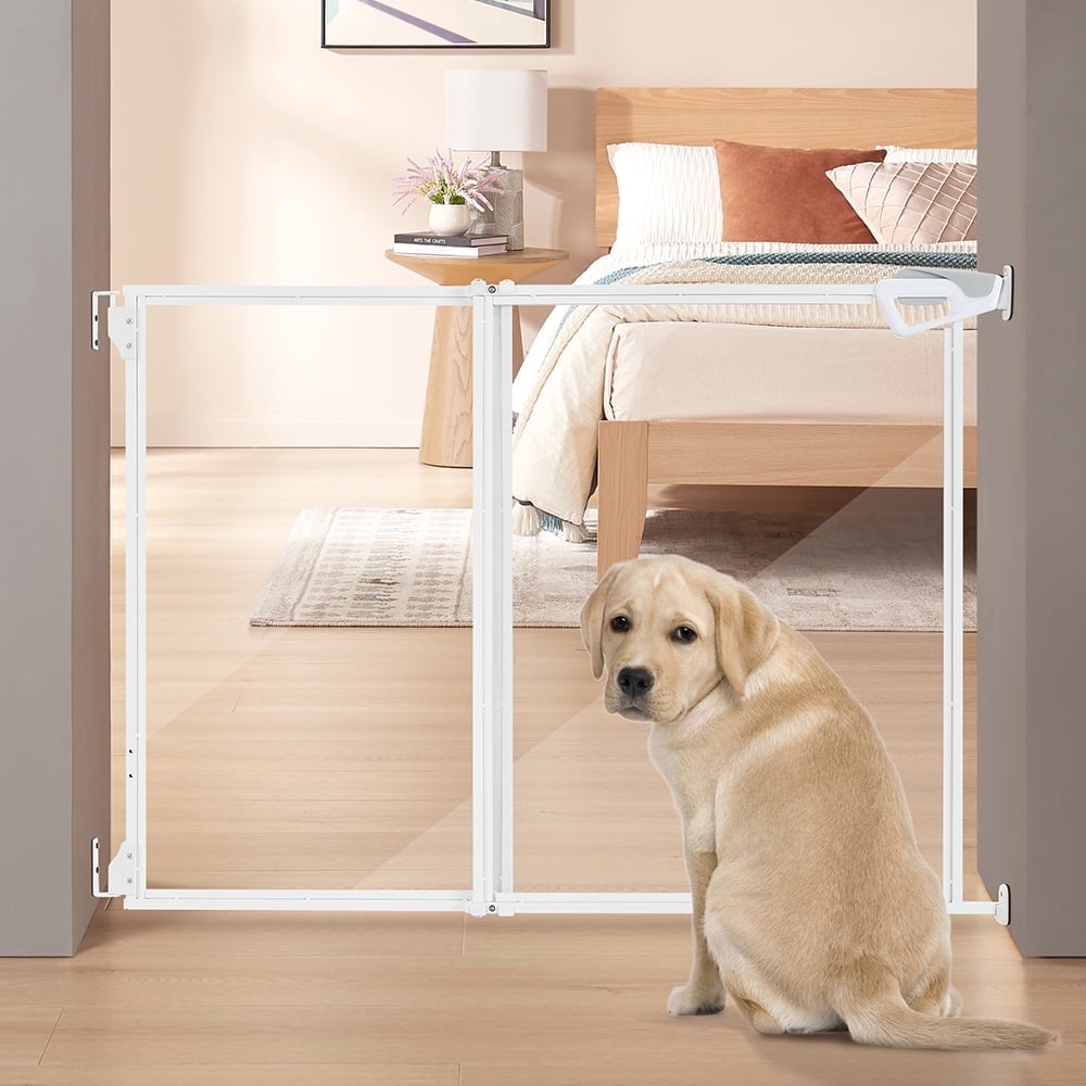 unipaws Clear Dog Gate, No Bottom Bar Pet Safety Gate for Doorways Hallways Stairs, Walk Thru Design with One-Hand Dual Swing Door, Indoor and Outdoor Use, Adjustable 28" to 43.5" Wide, 30" Tall