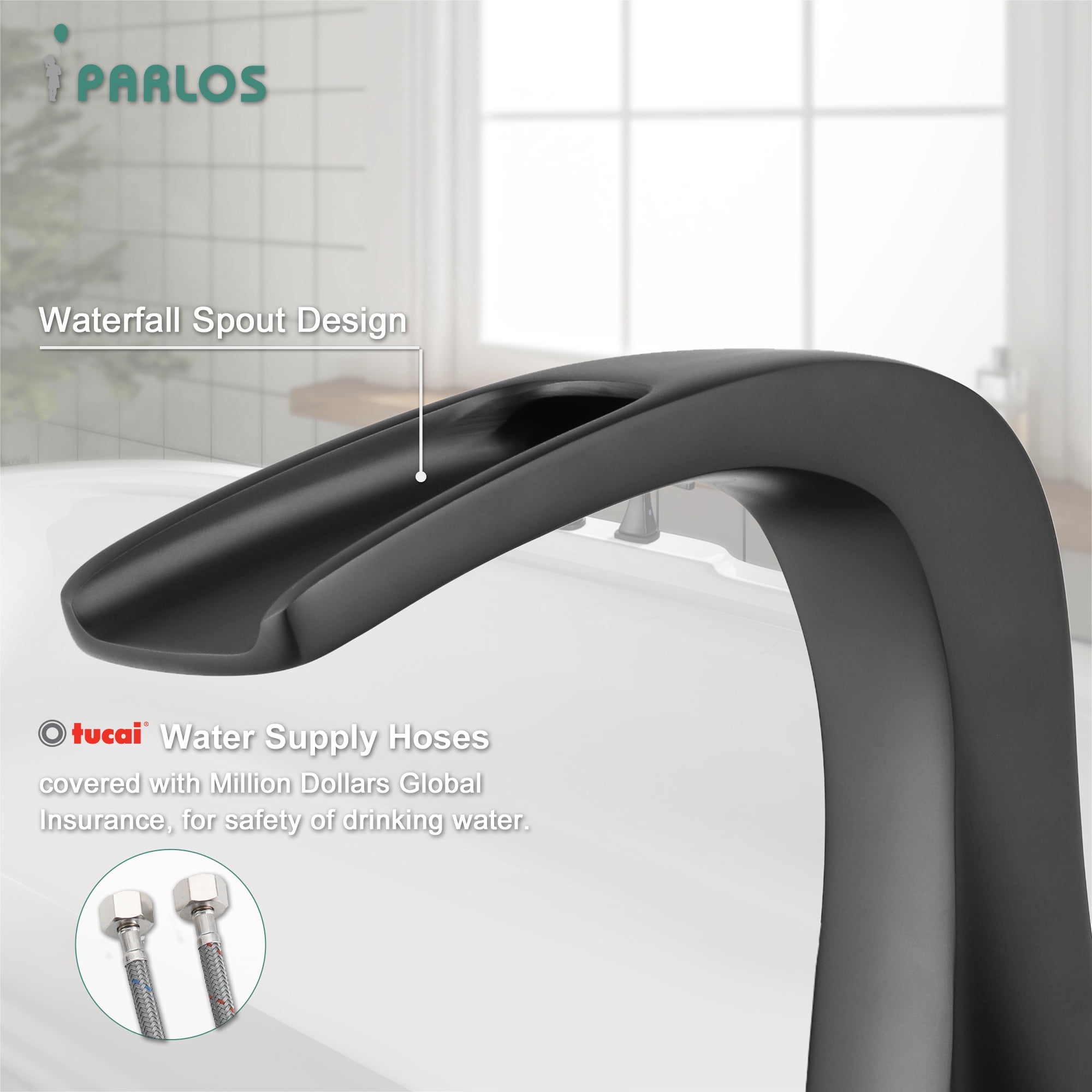 PARLOS Matte Black 2-Handle Widespread Waterfall Roman Bathtub with Hot & Cold Supply Lines