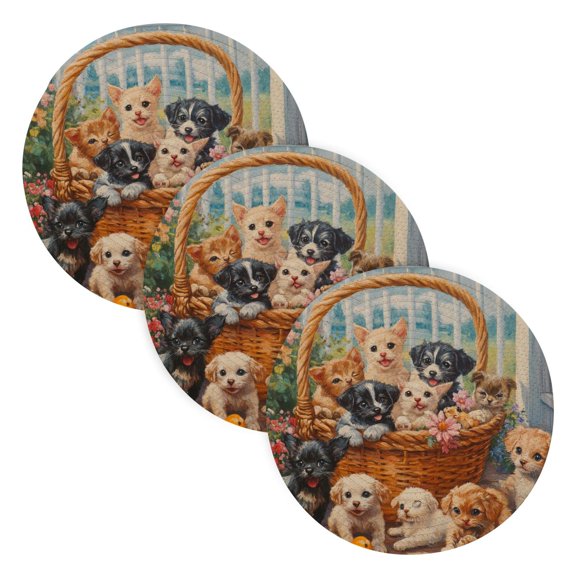 BZSMCE Mats for Pots,Pans Place Basket with Puppies and Kittens Simple Style Pattern Pot Mats
