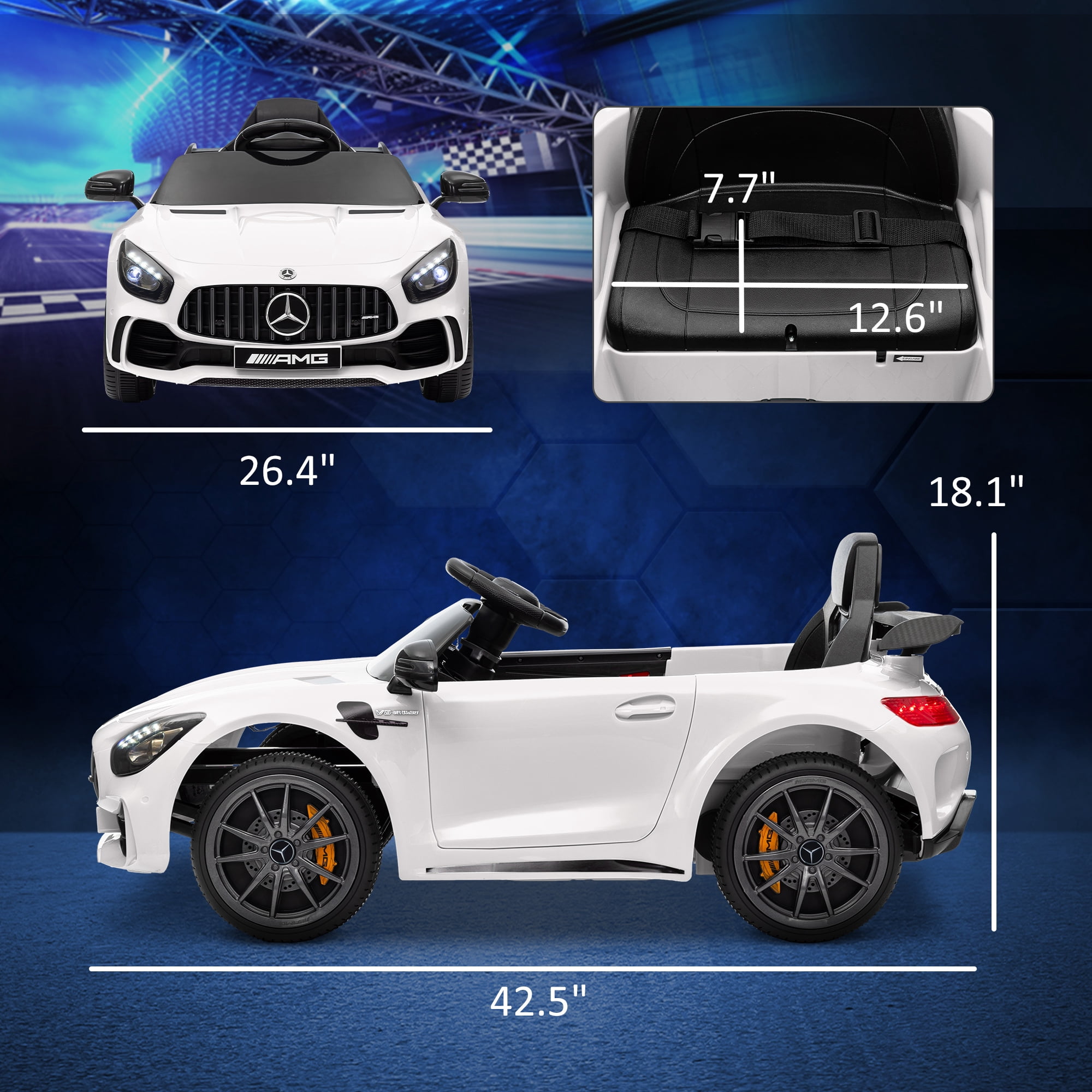 Qaba Mercedes-Benz AMG GTR Licensed 12V Kids Ride on Car with Remote Control, Soft Start, LED Lights, Music Horn & 3 Speeds for 3-6 Years, White