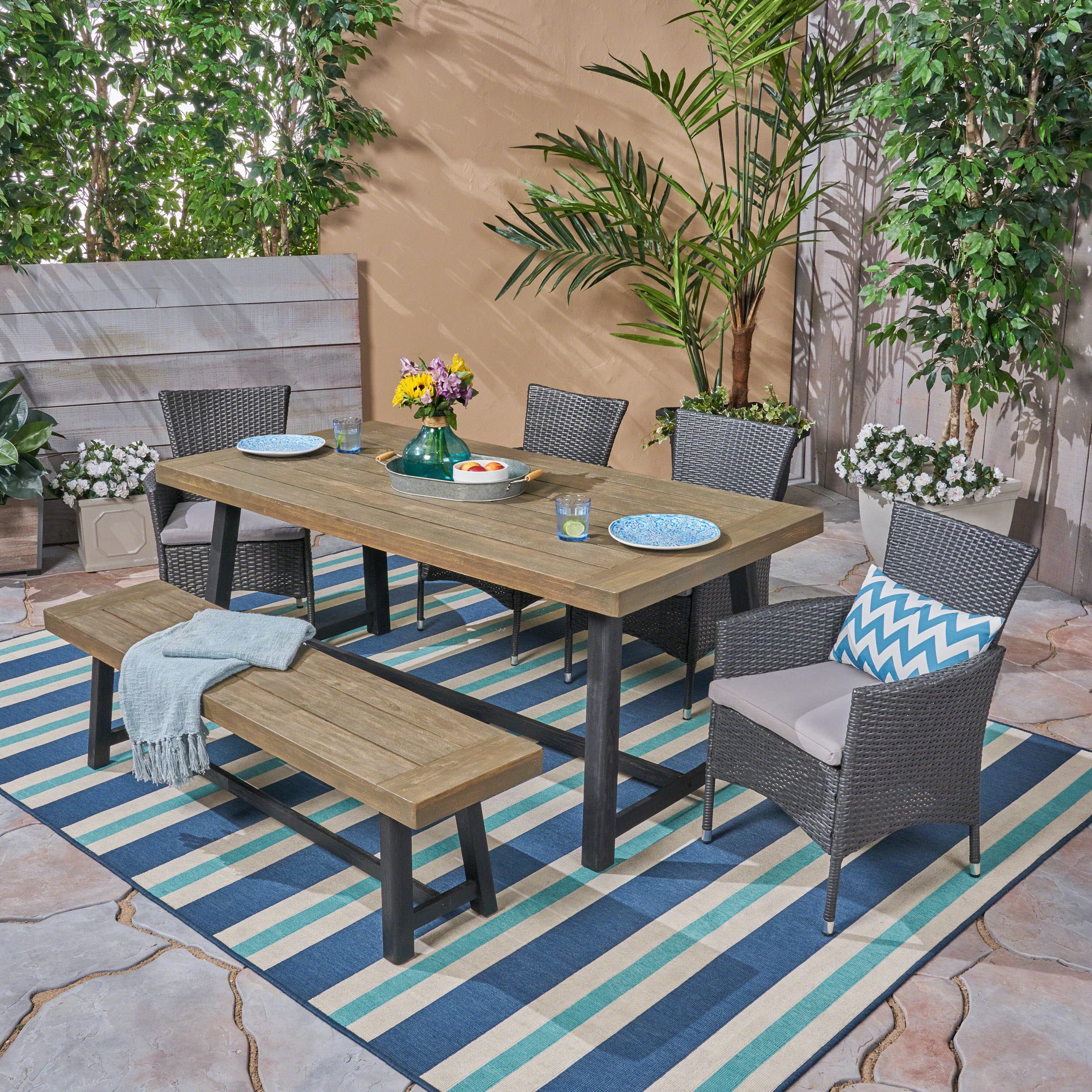 Bailee Outdoor 6 Piece Dining Set with Wicker Chairs and Bench