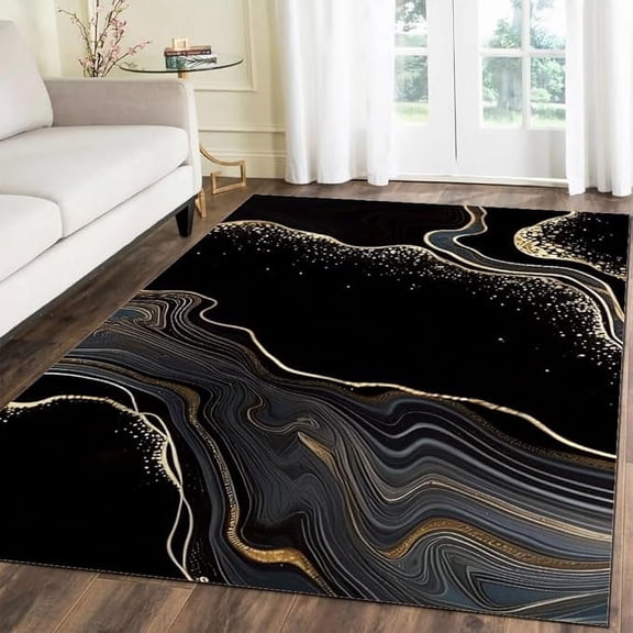 Black Abstract Marble Area Rug, Golden Texture Rug, Aesthetic Art Washable Rug Soft Carpet Suitable For Bedroom Living Room Apartment Home Decor 3 x 5ft