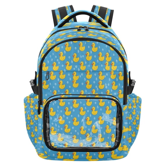 Qxltty Drop Yellow Duck Backpack School Bookbag with Clear PVC Front Pocket, Laptop Compartment, Water Resistant Travel Daypack for Students
