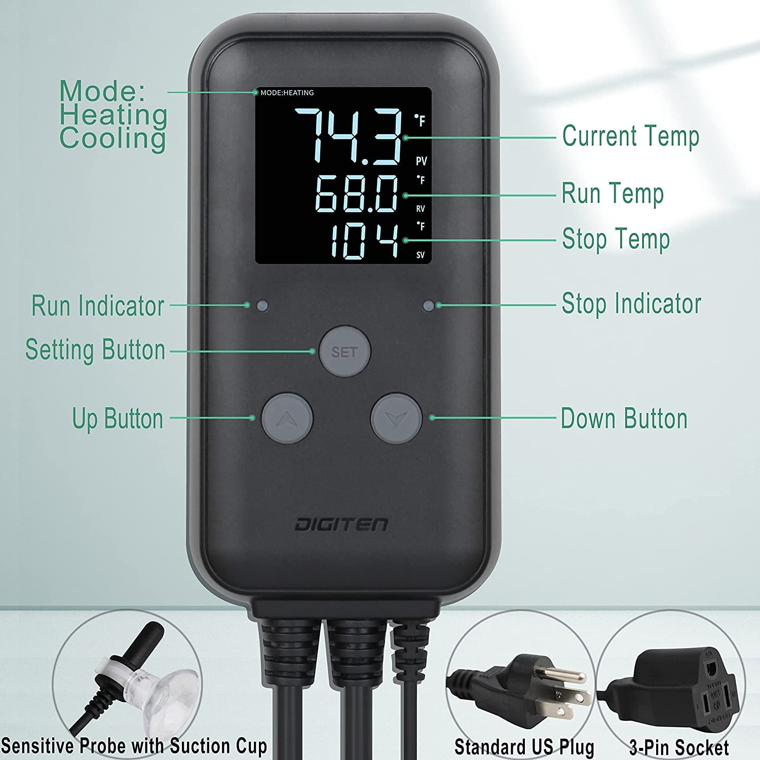 Waterproof Temperature Controller Digital Thermostat for Home Brewing Fermentation Breeding Incubation Greenhouse Terrarium, Heating & Cooling Outlet Temperature Controller 110V 10A 1100W