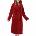 thumbnail image 2 of Peignoirs pour Femmes en Molleton Pelucheux à Capuche, Robe de Chambre Épaisse avec Poches, Vêtement de Nuit, Cape, Robe Rouge Vin G, 2 of 8
