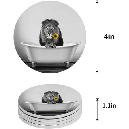 

FMSHPON Lion and Sunflower in The Bathtub Set of 8 Round Coaster for Drinks Absorbent Ceramic Stone Coasters Cup Mat with Cork Base for Home Kitchen Room Coffee Table Bar Decor