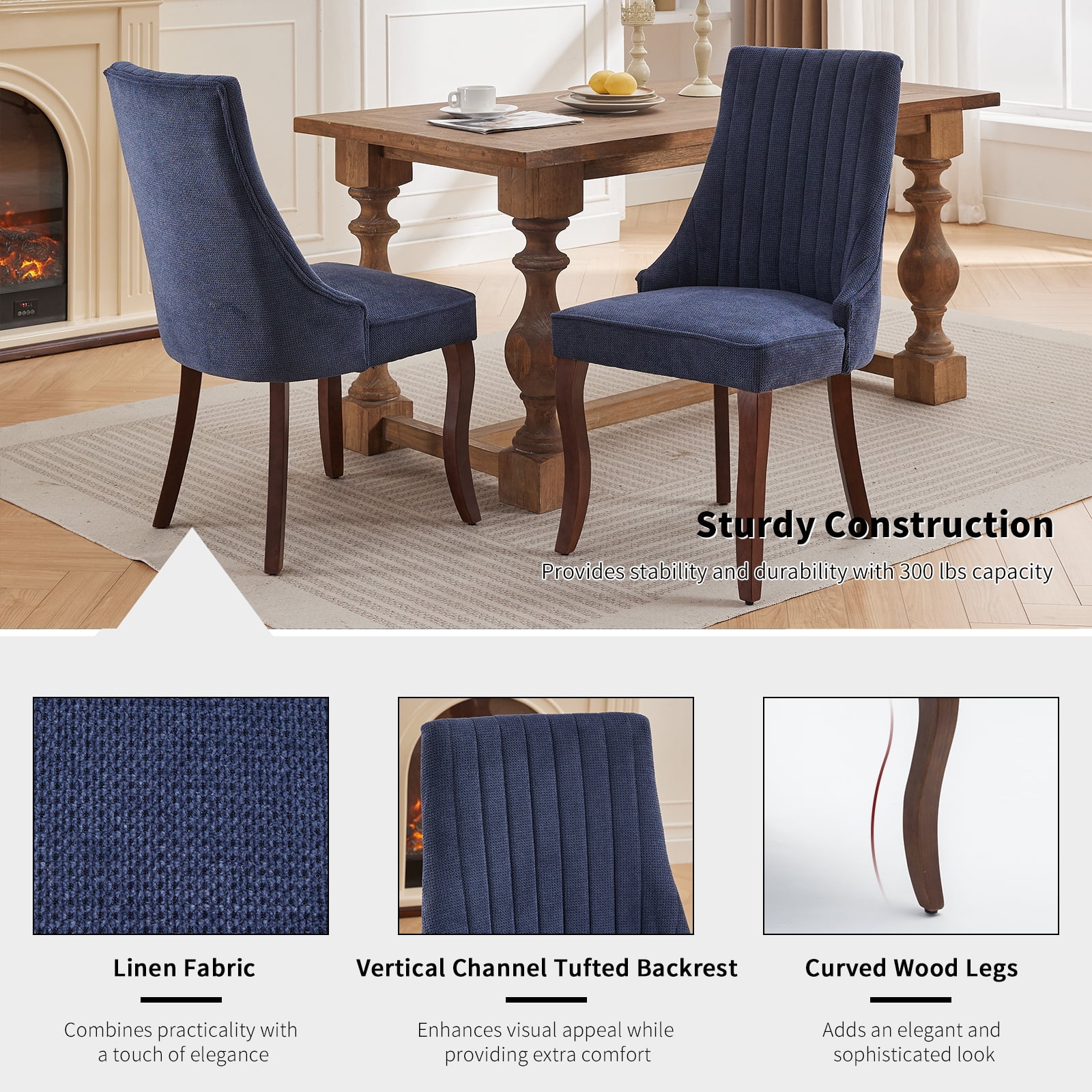 Navy Mid Century Dining Chairs Set of 8, Modern Kitchen & Dining Room Chairs Set of 8, Linen Upholstered Kitchen Chairs, Sillas de Comedor, Wood Legs (Blue, 8 Pcs)