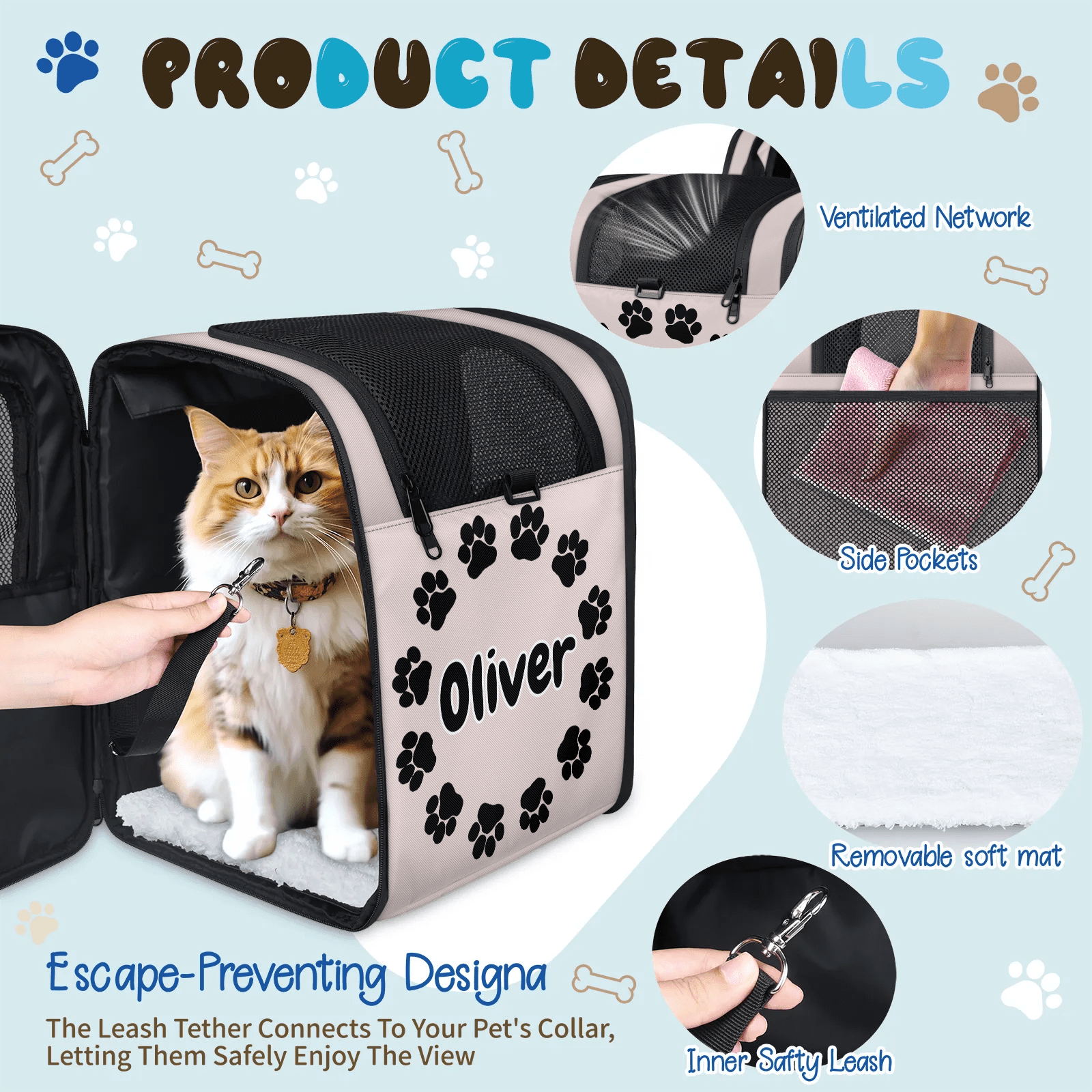 Custom Name Cat Carrier Backpack,Peresonalized Pet Backpack for Small Dogs & Cats Under 13lbs,Ventilated Pet Backpack Bag for Camping Biking Hiking Travel