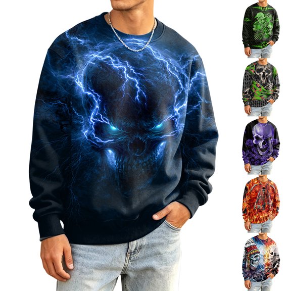 Broave Mens Knit Crewneck Long Sleeve Shirt Halloween Graphic Pullover Casual ,Gothic Skeleton Crew Neck Sweatshirt for Daily Wear & Halloween Party Outfit
