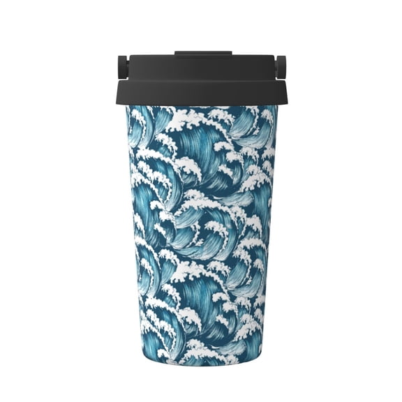 Logiee Ocean Waves Print Stainless Steel Coffee Tumbler, Travel Coffee Mug, Insulated Coffee Mug with Lid, Spill Proof Coffee Cup, Portable Thermal Mug