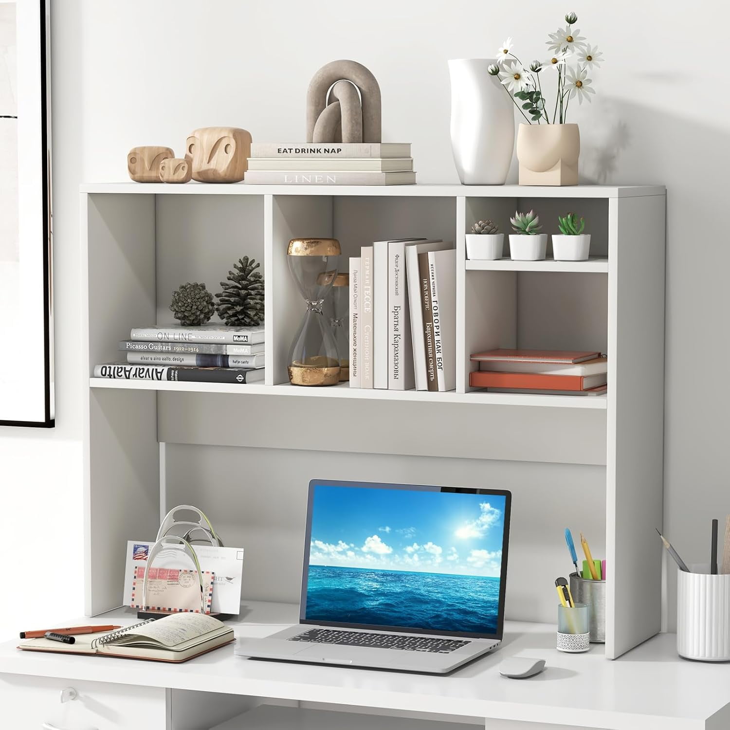 CRXX Desktop Bookshelf, Countertop Storage Hutch with 4 Shelves for Computer Desk, Dressing Tabletop Display Rack, Multipurpose Desk Hutch Storage Organizer for Home Office Dorm, White