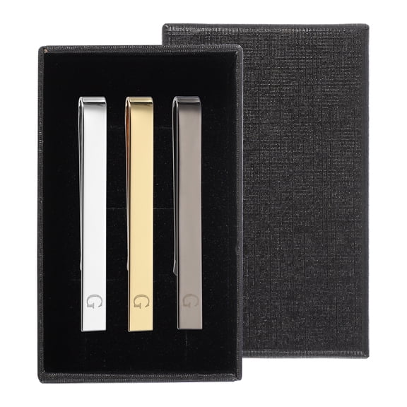 Uxcell 3Pcs Tie Pins for Men , Stainless Steel Alphabet G Letter Necktie Bar Pinch Set Mens Tie Clip with Gift Box for Wedding Father's Day, Silver/Gold/Black