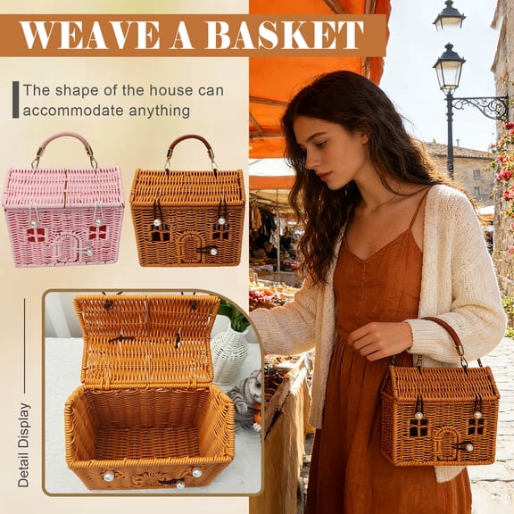 Zeyigg Rattan Plastic House Shaped Storage Basket with Lid and Folding Handle, Decorative Organizer for Picnics, Easter, and Home Decor,Brown