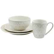 Elama White Lace 16 Piece Round Scallop Stoneware Dinnerware Set in White