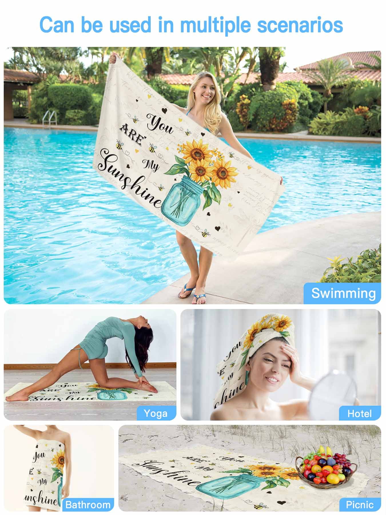 You Are My Sunshine Beach Towels Blanket Soft & Absorbent Quick Dry Microfiber Vintage Sunflower Motivational&nbsp;Quotes Pool Towels for Swimming ,Yoga, Sports, Gym, Camping,Large 30X60in,
